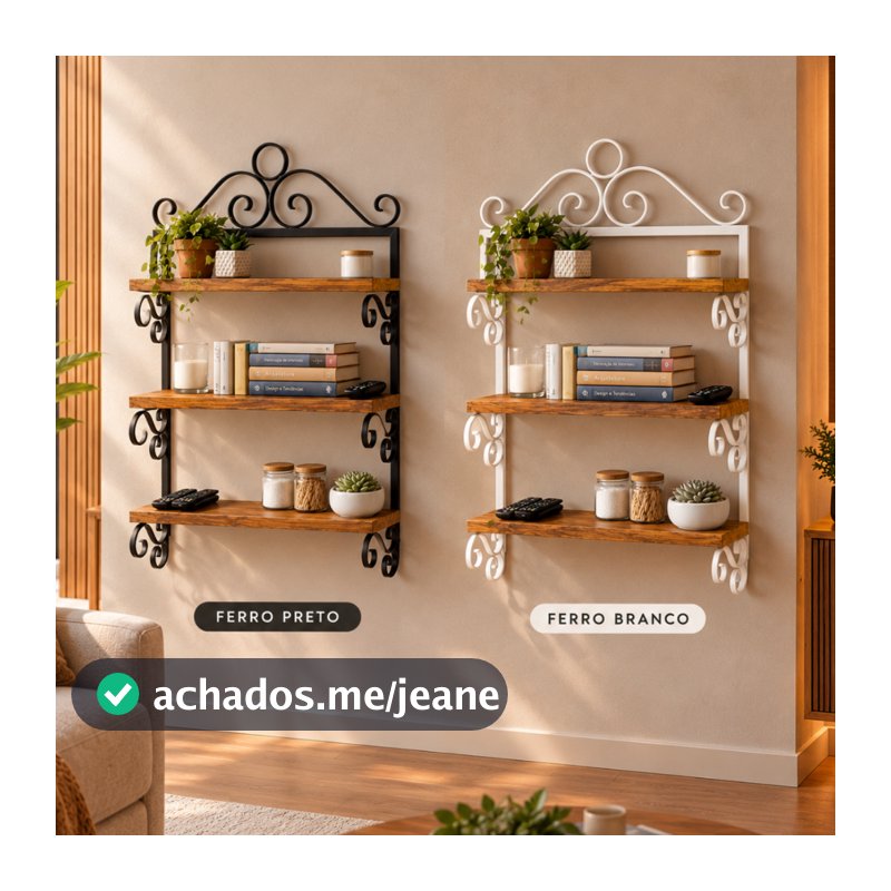 Prateleira Parede Ferro Madeira 3 Nichos 60x70cm Rústica Decorativa para Sala Cozinha Branca e Preta