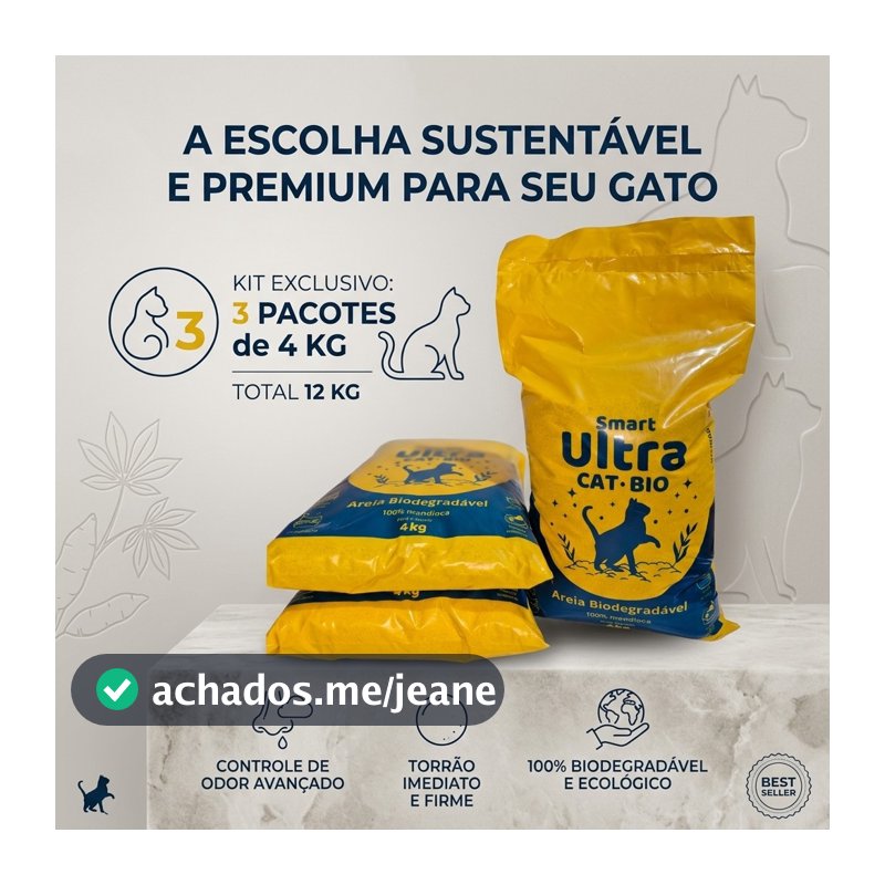 Areia para Gatos Biodegradável – Limpeza Fácil, Elimina Odor, Kit Econômico 3x4kg