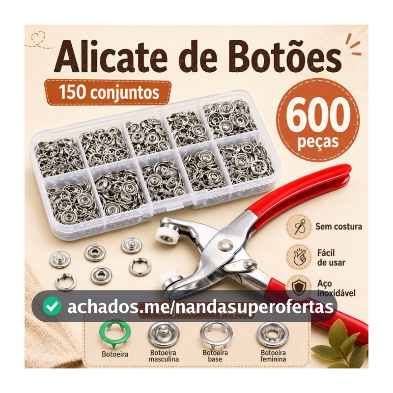 kit de Alicate Aplicador Para Botao De Metal De Pressao Roupa Bebe C/ 150 botões de roupas