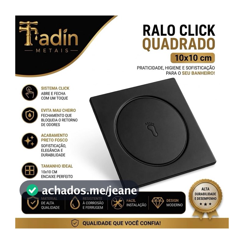 Ralo Click Preto Fosco 10x10 Inox Anti Odor Anti Insetos Banheiro
