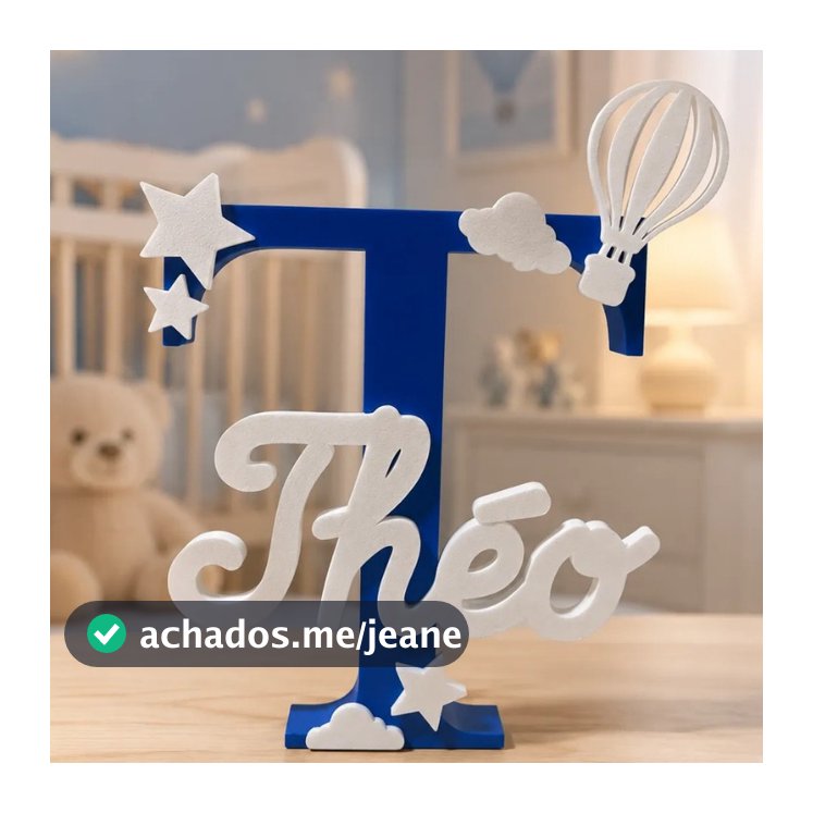 Nome Personalizado 3D com estrelas, balão e nuvens | Letra Inicial + Nome | Decoração Quarto Infantil
