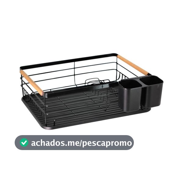 Escorredor De Bancada Para Pratos Em Ferro E Madeira 42x30cm Rack Preto Escorredor Organizador
