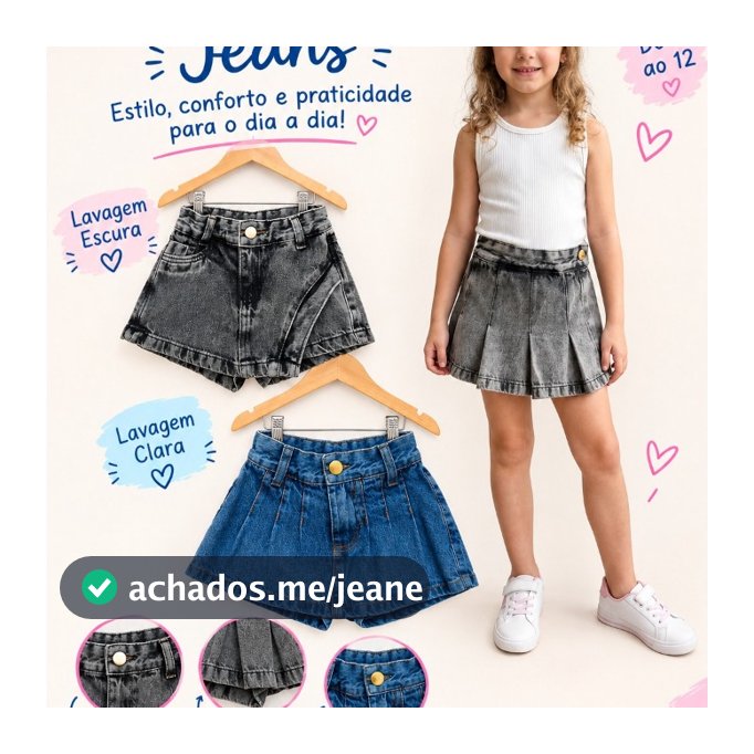 Short Saia Jeans Infantil Colegial Pregas Vários Modelos Com Regulagem na Cintura - Tam 04 ao 12