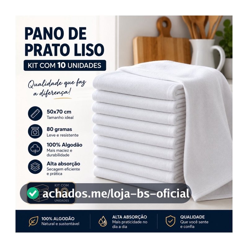 Kit 10 Pano De Prato Branco Liso 100% Algodão Cozinha e Copa Bainha Multiuso