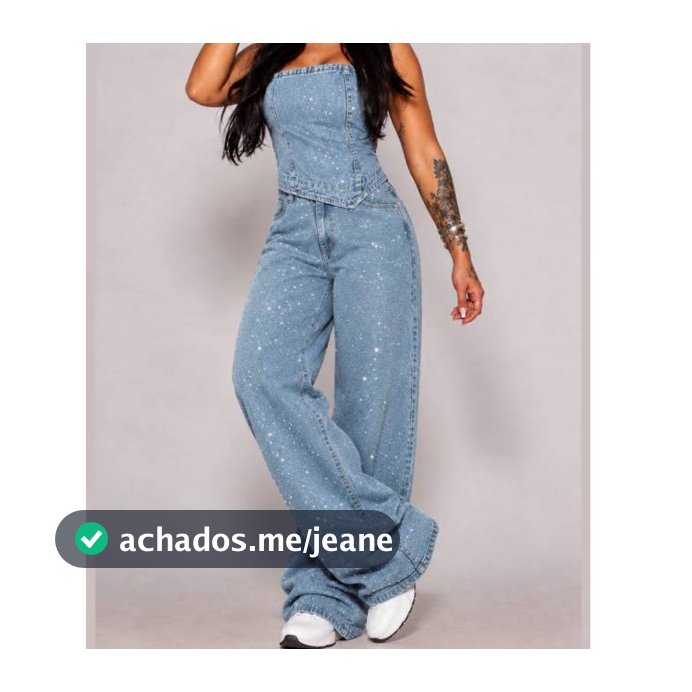 Conjunto Jeans Feminino Cropped + Calça Wide Leg com Strass Brilho