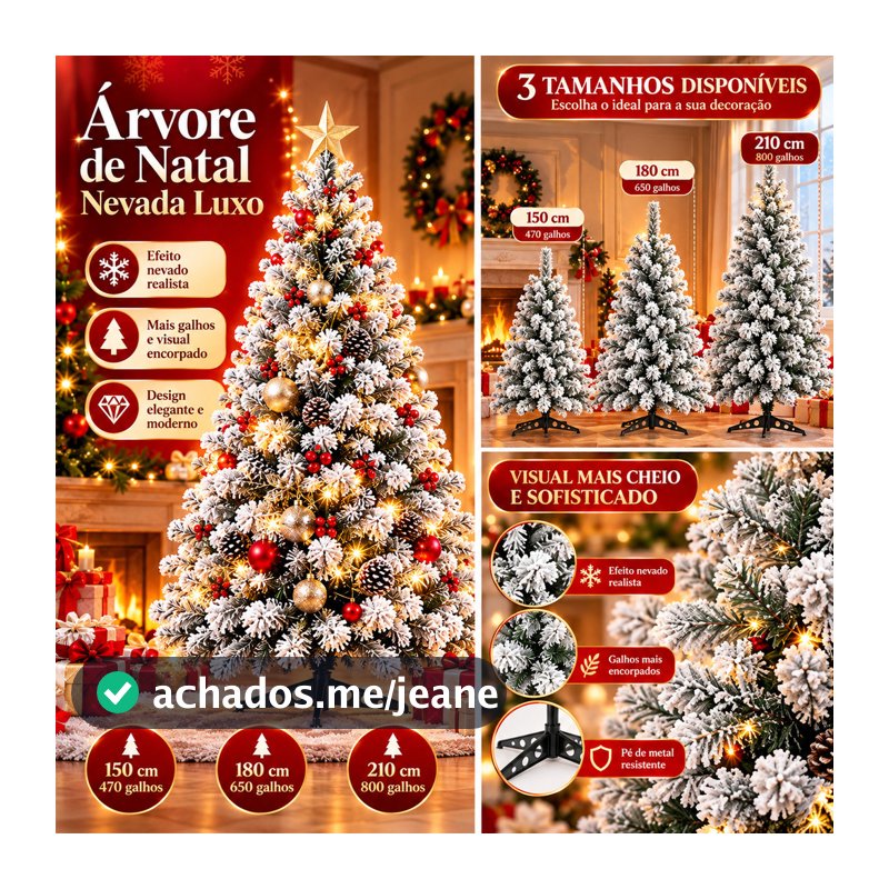 Arvore Natal Grande Pinheiro Decoração Natal 150cm, 180cm, 210cm com 470, 650 e 800 Galhos Nevada