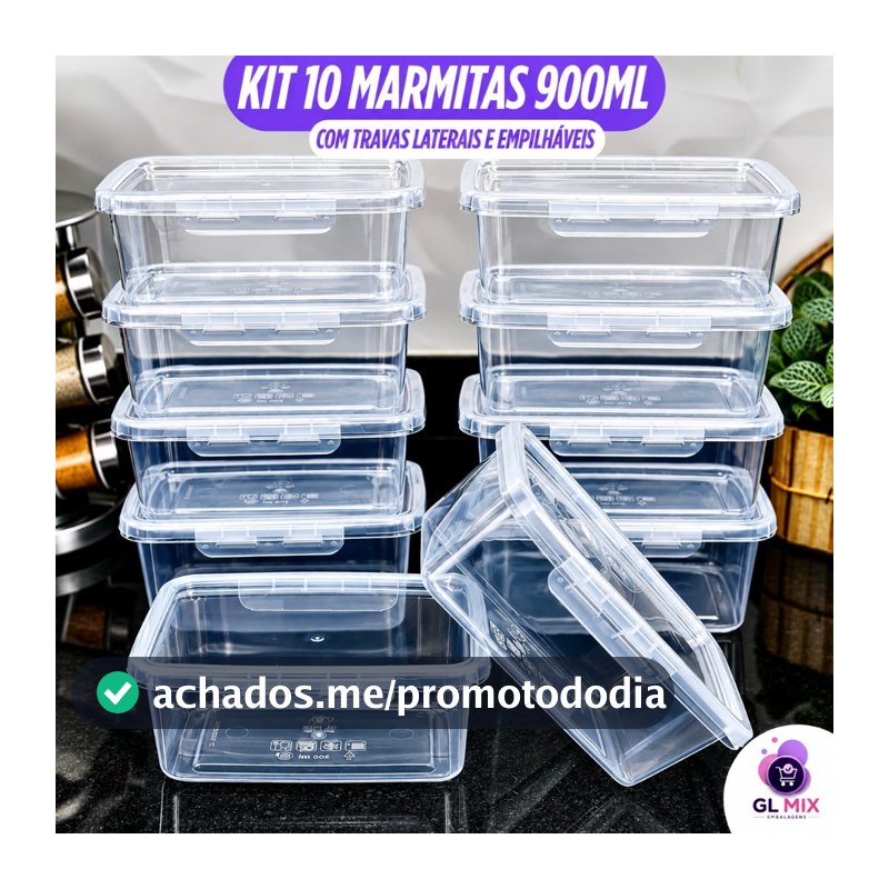 Kit 10 Marmita 900ml - Travas Hermética Premium BPA FREE Alta Vedação Freezer Microondas Lava Louças