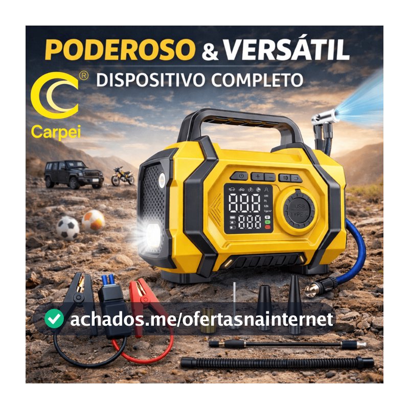 5 em 1 - Auxiliador de Partida Compressor Ar PowerBank Led 8000 mAh 3500 Pa 6 Funções Carro