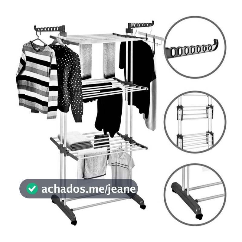 Varal De Chão 3 Andares Para Roupas e Calcinhas 4 Rodas Dobrável Reforçado e Portátil