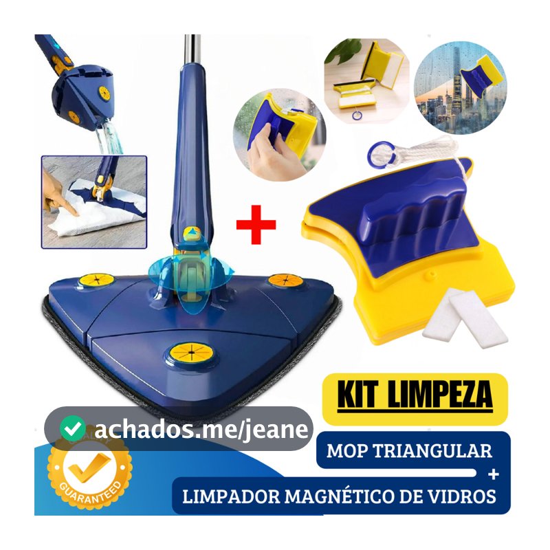 Mop Triangular 360° + Limpador Magnético Vidros Kit Limpeza Chão Teto Banheiro Janela