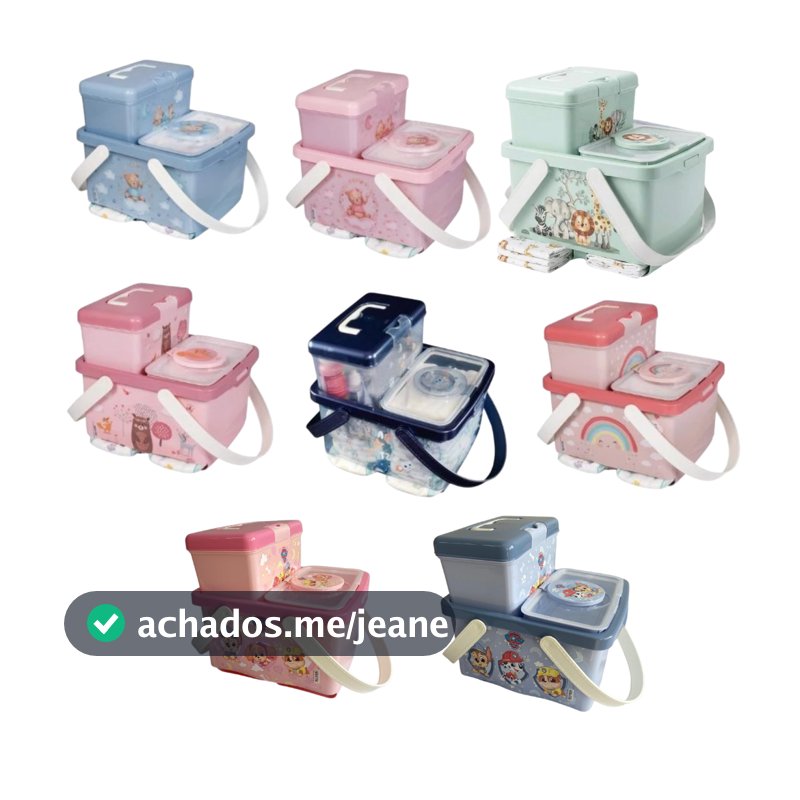 Kit Trocador Caixa Organizadora Fraldas + Caixa Farmácia e Porta Lenço Umedecido Bebê Alça Plasútil