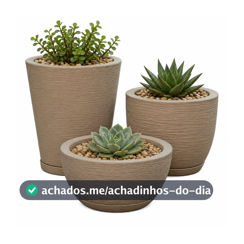 Kit Com 3 Vasos Decorativo de Planta Escovado Polietileno Com Prato Cone + Bojo + Bacia