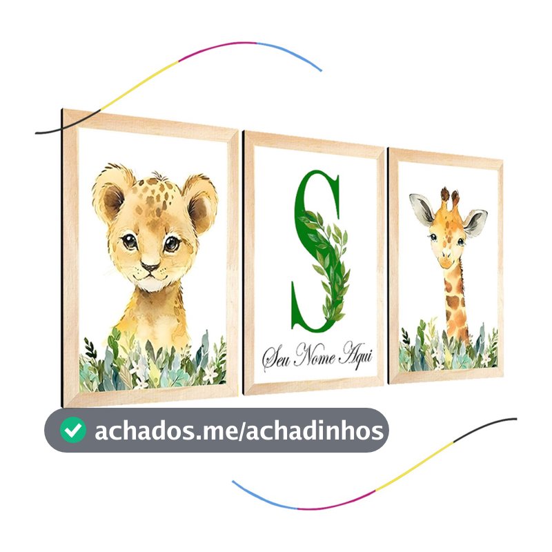 quadro decorativo infantil safari girafa leão personalizado 3 peças