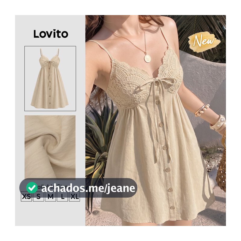 Lovito Vestido Feminino Caqui Boho com Botão Babado na Gola e Drapeado Modelo Mini A DRB204P1D294