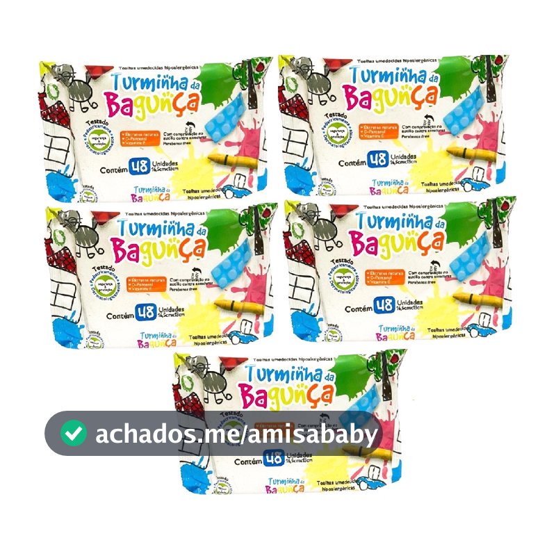 Kit com 5 - Lenço Umedecido Turminha da Bagunça Toalha Umedecida 48 Unidades