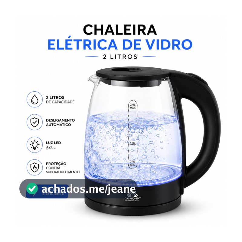 Chaleira Jarra Elétrica de Vidro 2L com Desligamento Automático Base Giratória