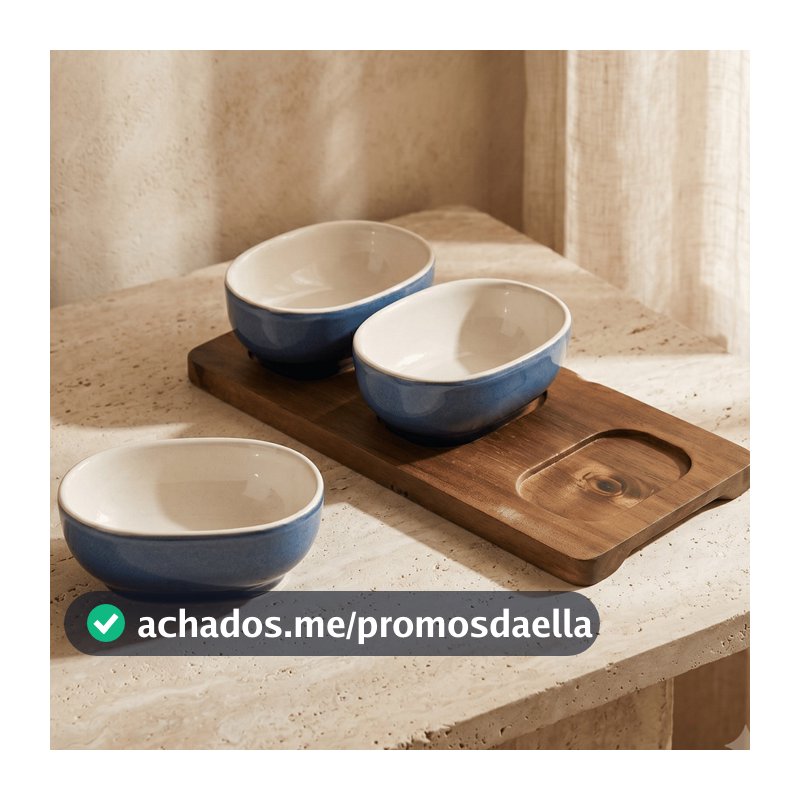 Petisqueira Cerâmica Azul com Tábua Madeira 3 Bowl Removíveis 24cm Jogo Servir Luxo Molheira Gourmet