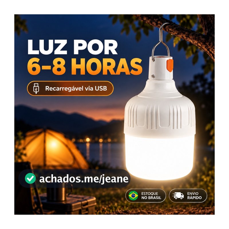 Lâmpada LED Recarregável 80W para Camping e Pesca USB 3 Modos 6-8H com Gancho Portátil