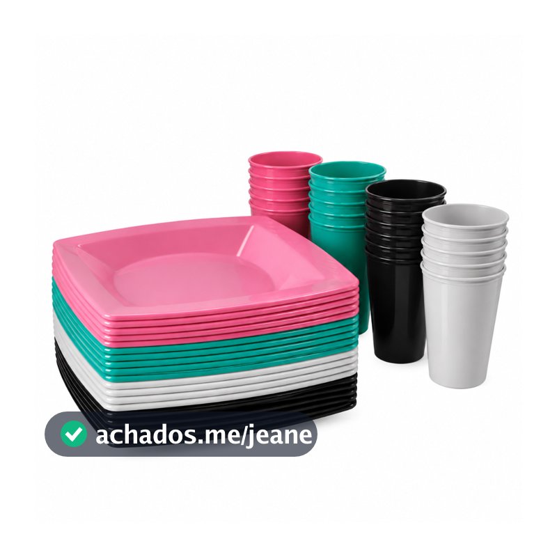 Kit 15 Pratos Quadrados + 15 Copos 300ml Reutilizável - Lanche, Refeições