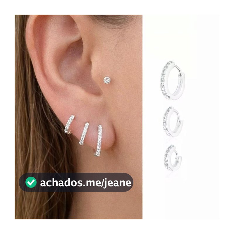 Trio de brinco argola prata 925, cravejado, liso, fino zirconia