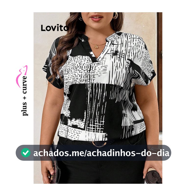 Lovito Casual Blusa Feminina Plus Size Curve Geométrica Primavera/verão LBL18308