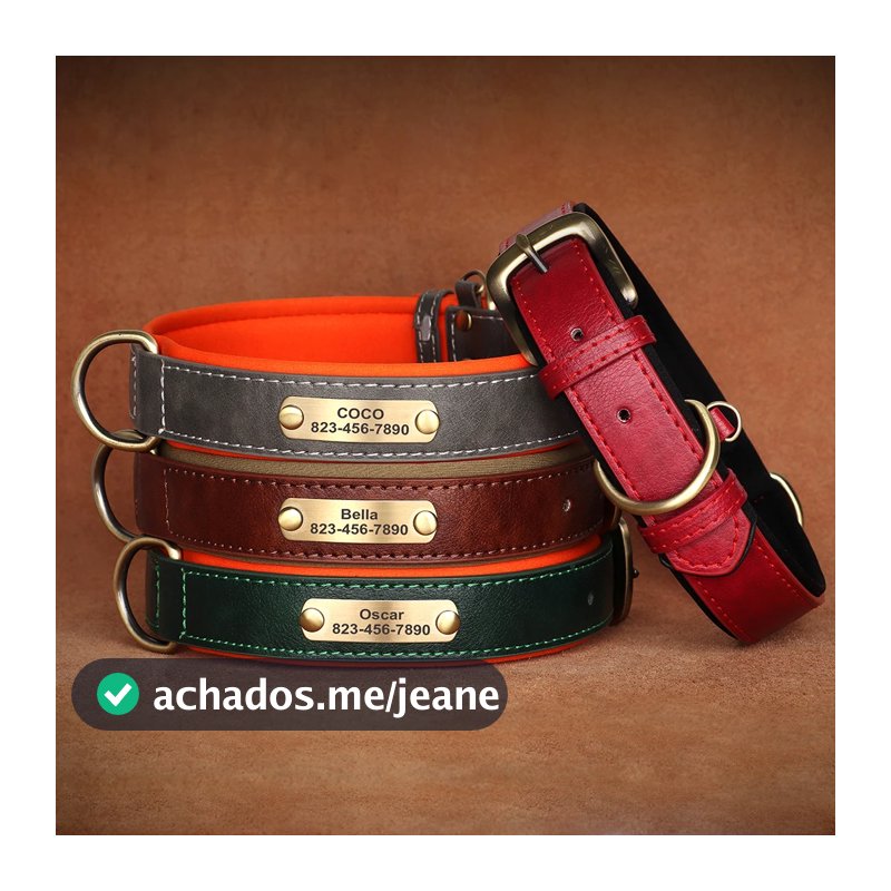 Coleira Personalizada Para Cães De Couro Acolchoada Macia Pequenos , Médios E Grandes Com Placa De Identificação Gravada Livre Anti-Perda