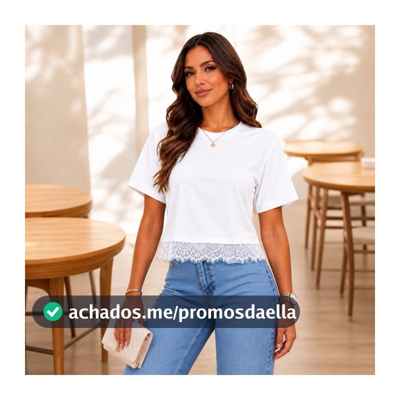 Blusa Feminina Casual Cropped Lisa com Acabamento em Renda