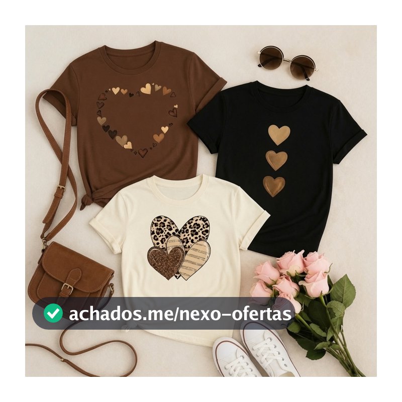Camisetas Femininas Estampadas com Corações de algodão premium  Looks Casuais Fofos e Estilosos
