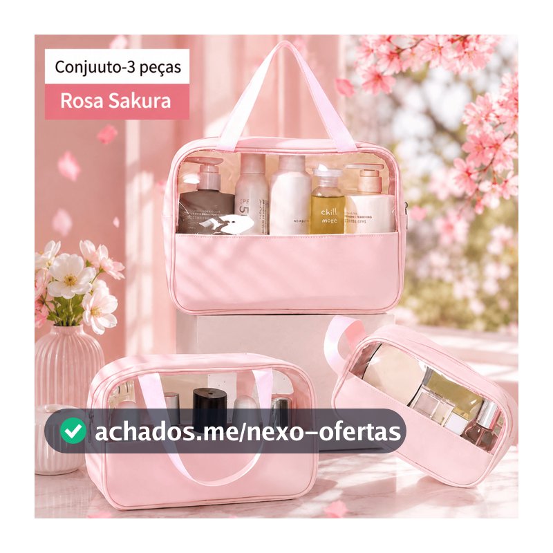 Conjunto de três peças: bolsa de maquiagem transparente e minimalista com costura em patchwork, bolsa de higiene pessoal