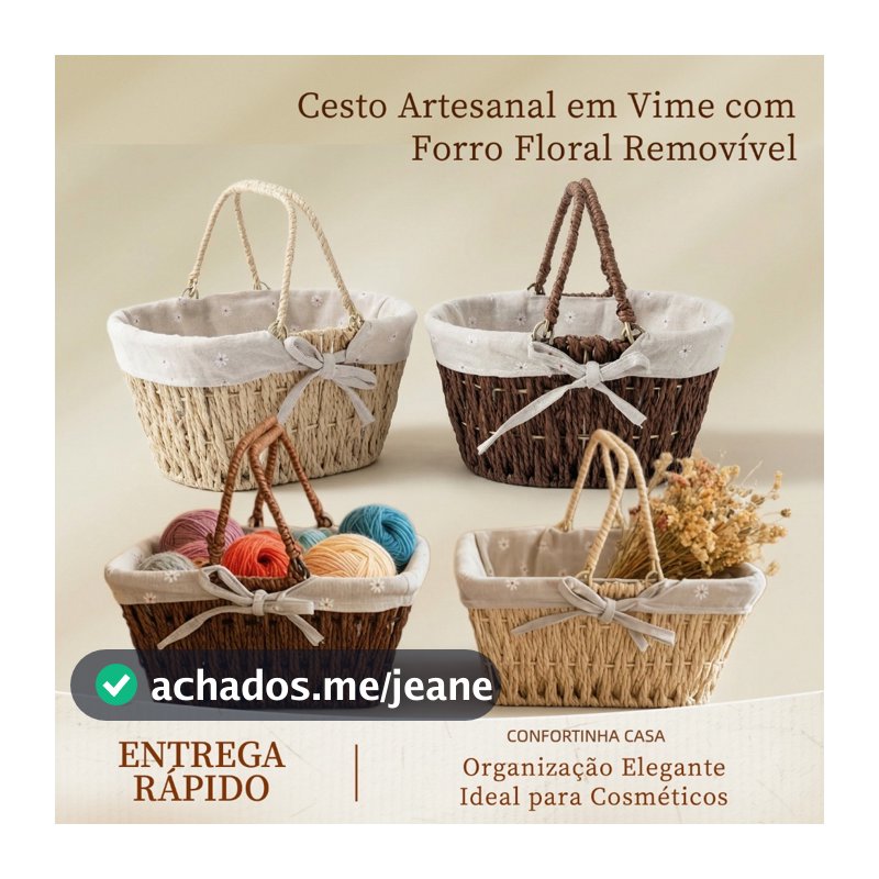 Cesto Organizador em Vime com Alça Forro Floral Removível Decorativo