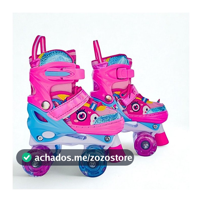 Patins Infantil Quad 4 Rodas LED Ajustável Unicórnio e Outras Estampas com ou sem Kit