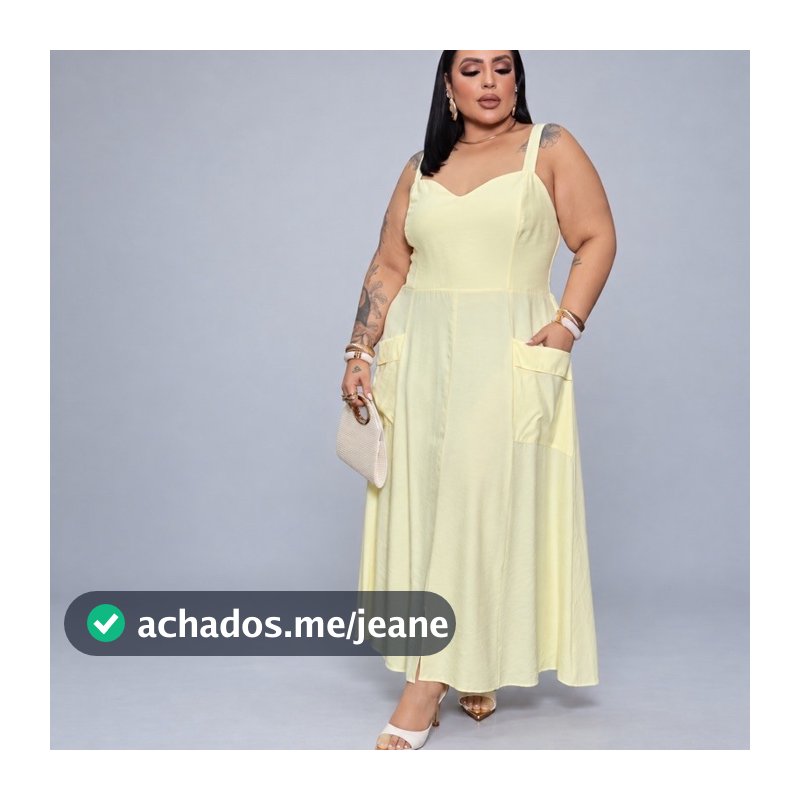 Vestido longo plus size de alça bolsos e fenda G2 G3 Sofia