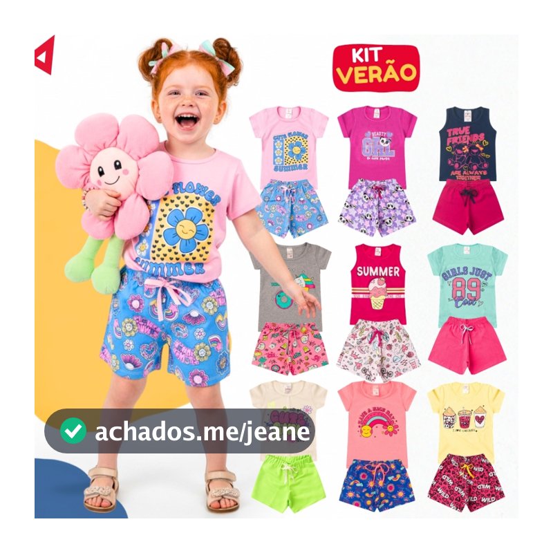 Kit 10 Peças Roupa Verão Infantil Menina Algodão Conjunto Verão Camiseta e Short do 1 ao 14