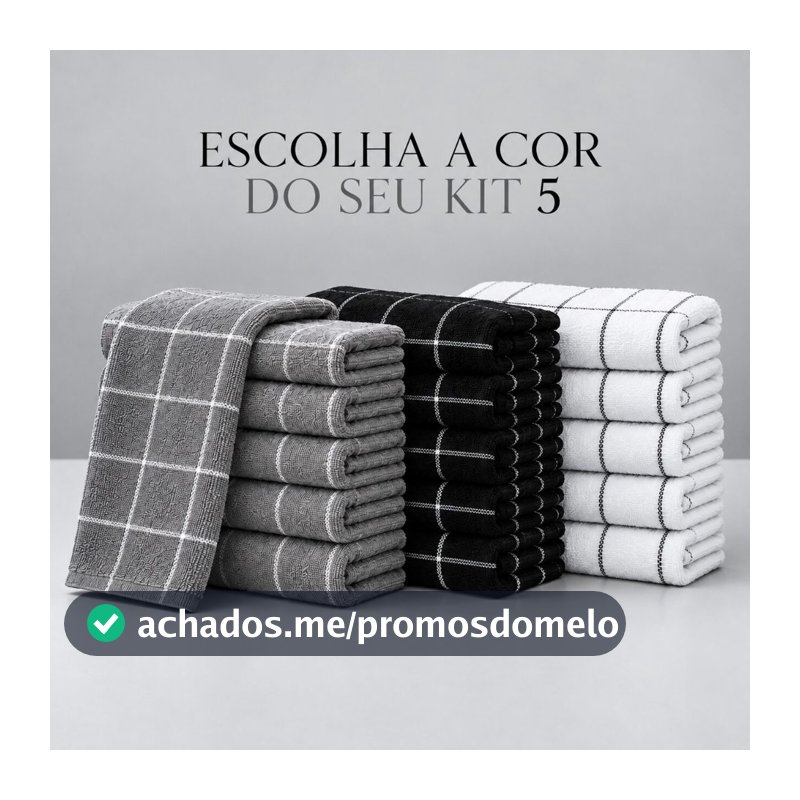 Kit 5 Panos de Prato Xadrez Preto Branco ou Cinza 45x65cm 100% Algodão 90g Macio Premium Chef