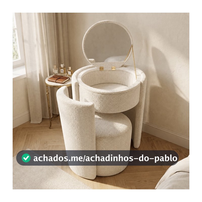 Puff Poltrona Penteadeira Luxo com Espelho e Organizador de Maquiagem – Banco Decorativo Moderno para Quarto e Closet