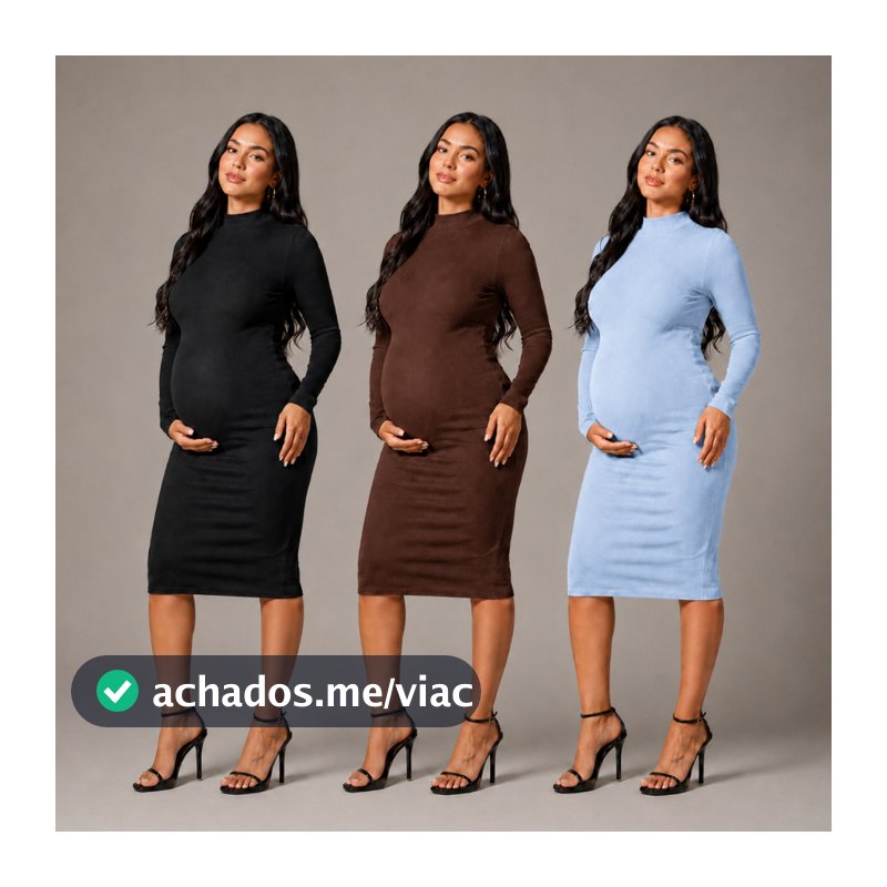 Vestido Midi Manga Longa Gestante Gola Alta Feminino Inverno Maternidade Canelado Elegante De Frio