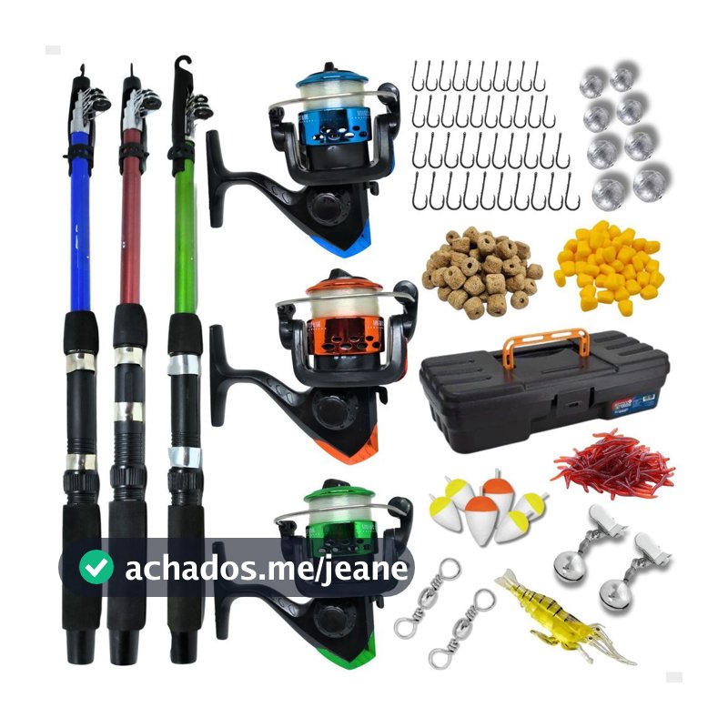 Kit De Pesca 3 Vara E 3 Molinete Com Linha Maleta Acessórios