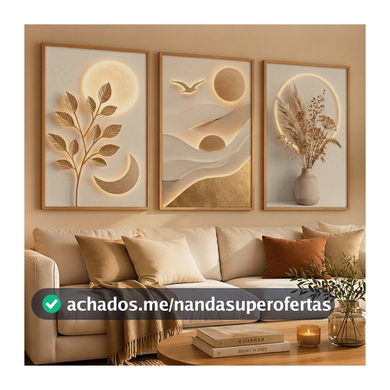 Kit 3 Quadros Arte Floral 3D Dourado Premium Decoração Sala De Estar Moderna Elegante Luxo