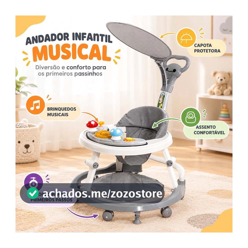 Andador Bebê Musical com Capota e Altura Ajustável - Unissex, Seguro e Confortável！