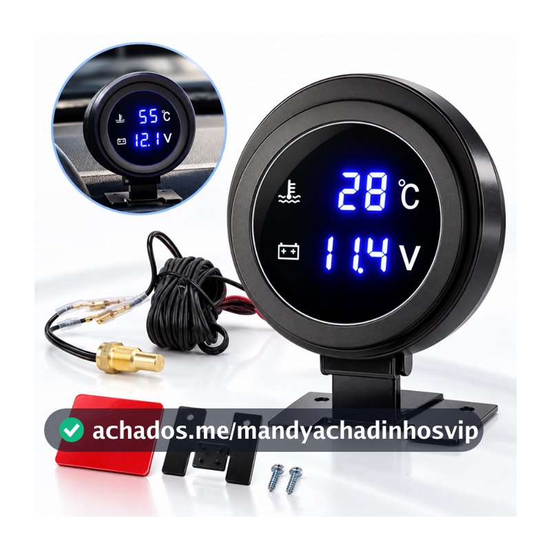 Medidor De Temperatura Água De Caminhão Digital LCD Redondo Sensor Moto + Voltímetro Voltagem 2 Em 1