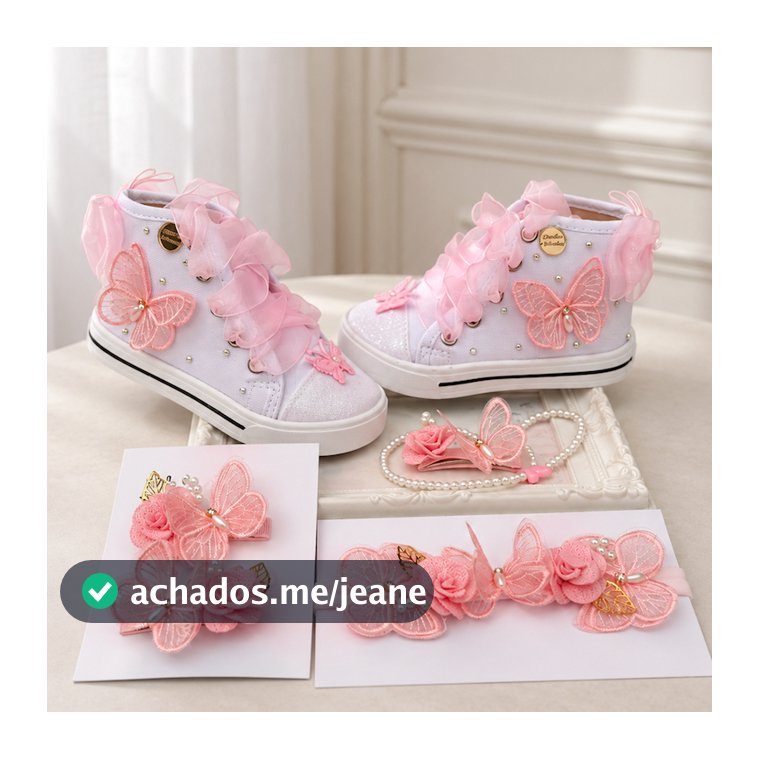Kit Tênis Menina Jardim das Borboletas Rosa Sapatinho + Prendedor Chupeta Laço Decorado Presilha ou Tênis