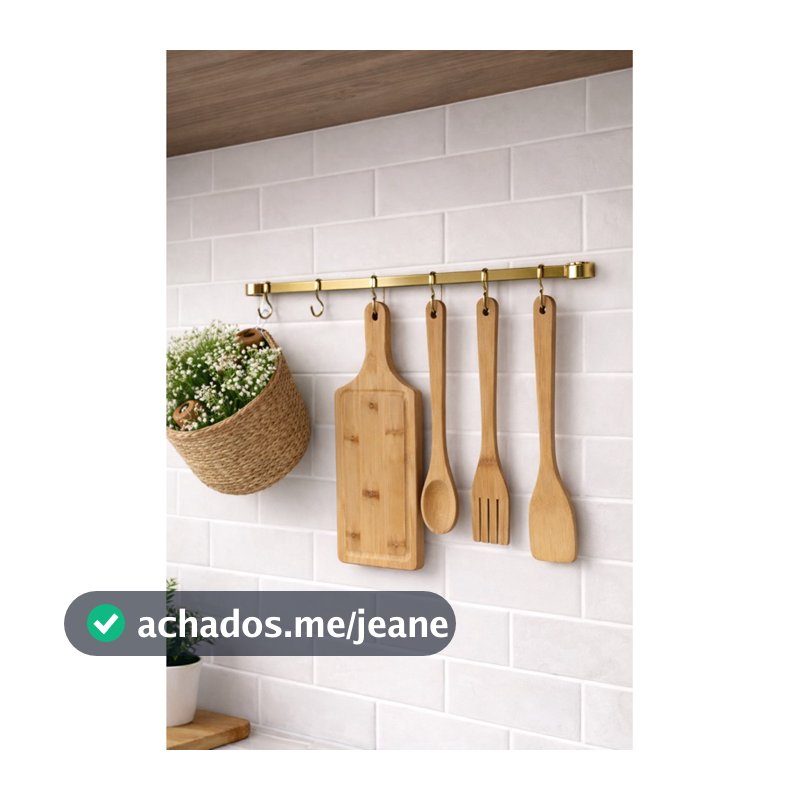 Barra Dourada Inox com 6 Ganchos para cozinha Organizaçao Suporte Dourado Inox Furute com Ganchos