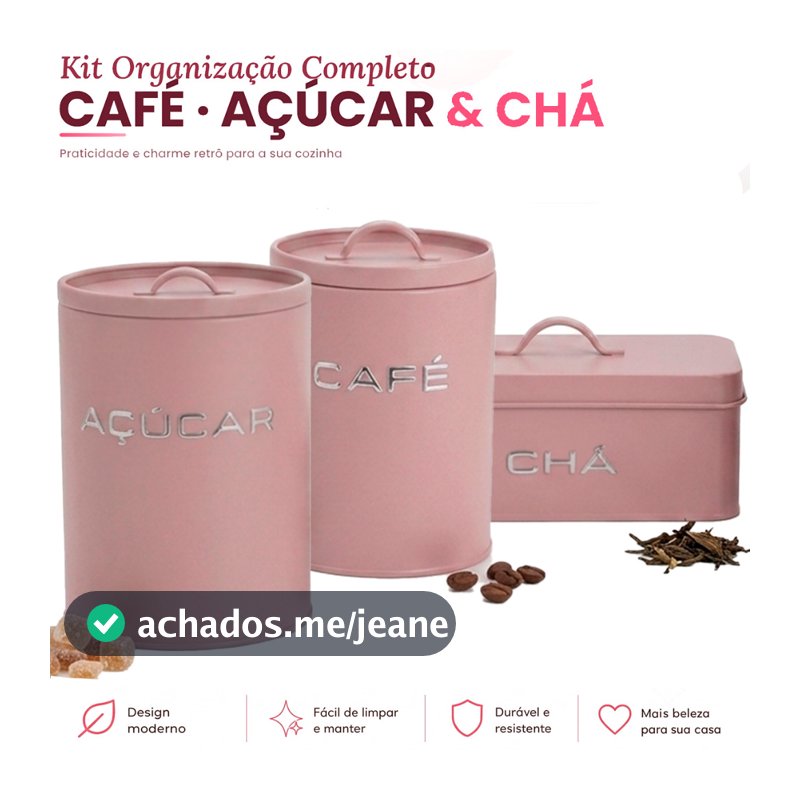 Pote Porta Mantimentos Metal Rosa Retrô Café, Açúcar e Chá Kit 3 Peças ou Unidade Avulsa Lata Decorativa Cozinha