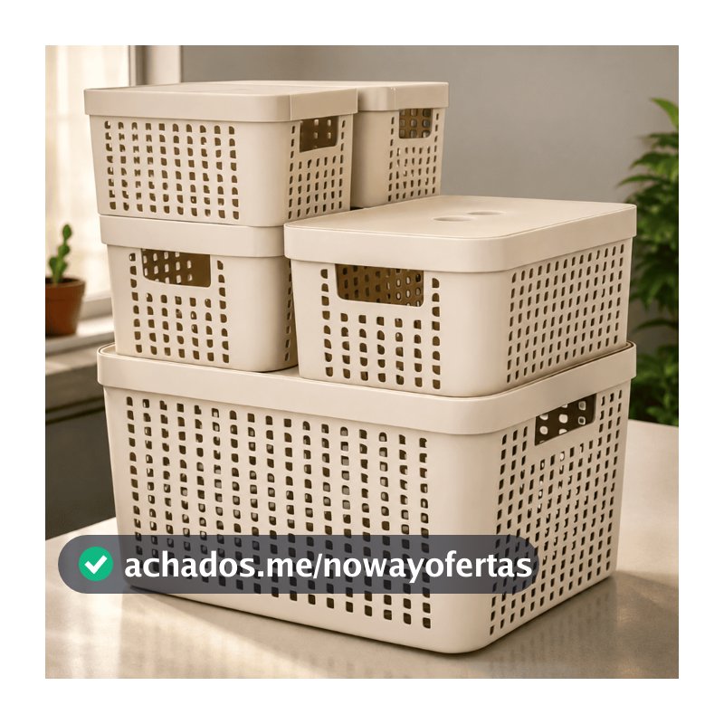 Kit 5 Caixas Organizadoras com Tampa Cesto Grande de Plástico 2 Litros 4,5 Litros 17 Litros
