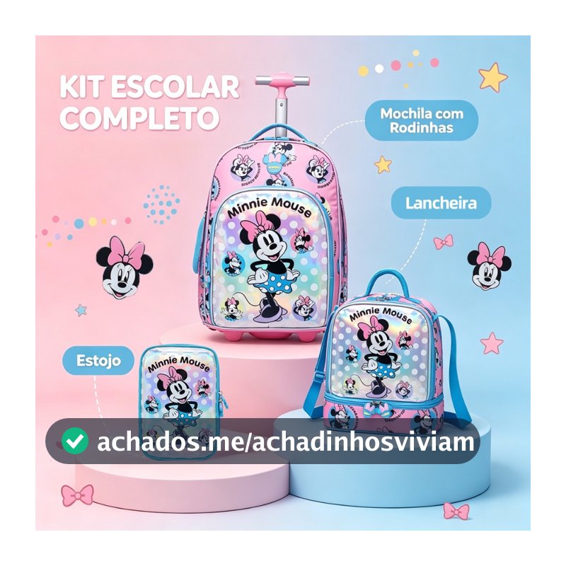 Kit Mochila Rodinhas Minnie Escolar Infantil Feminina Disney