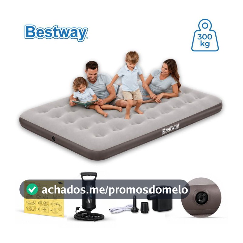 Colchão Inflável Bege Suporta 300kg Casal Camping Praia + Bomba de Ar Manual Bestway