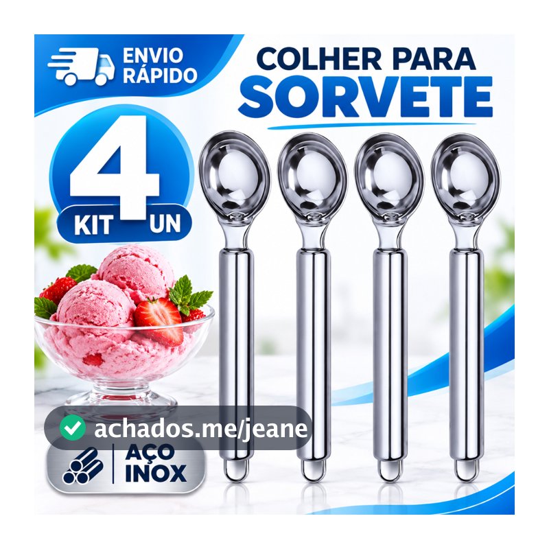 KIT 4/3/2/1 Colher Pegador De Sorvete E Açaí Sobremesa Em Aço Inox 20,5cm Reforçada Utensílios Pegadores