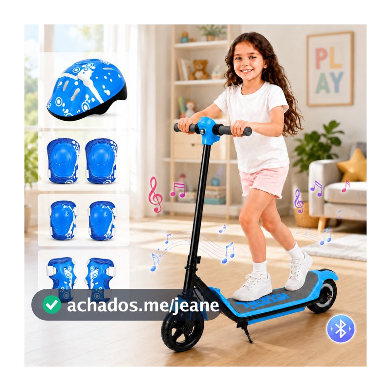 Patinete Infantil Elétrico para Menina Motor Elétrico 110W Bateria 24V Até 60kg Música Bluetooth Freio Eletrônico Azul