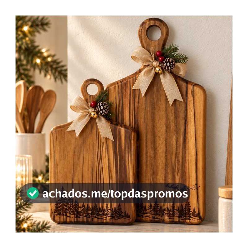 Tábua Natalina Gravação Vila de Natal Decorativa em Madeira Teca - Decoração Servir Cozinha - Kit, P ou G