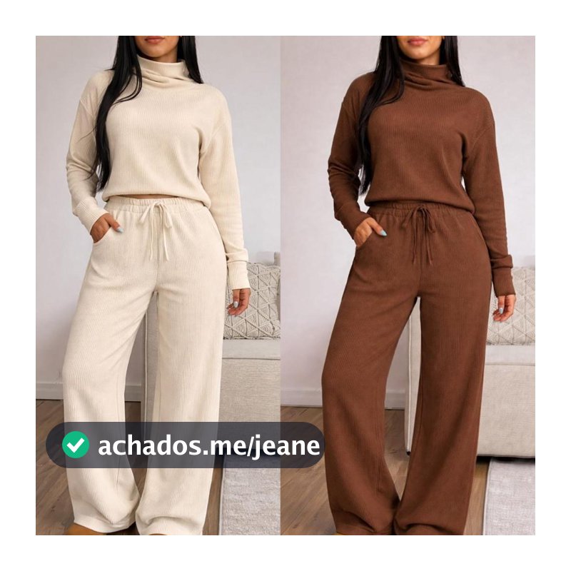 Conjunto Feminino Calça Pantalona e Blusa de Gola Alta Manga Longa Tecido Anarruga Moda Elegante
